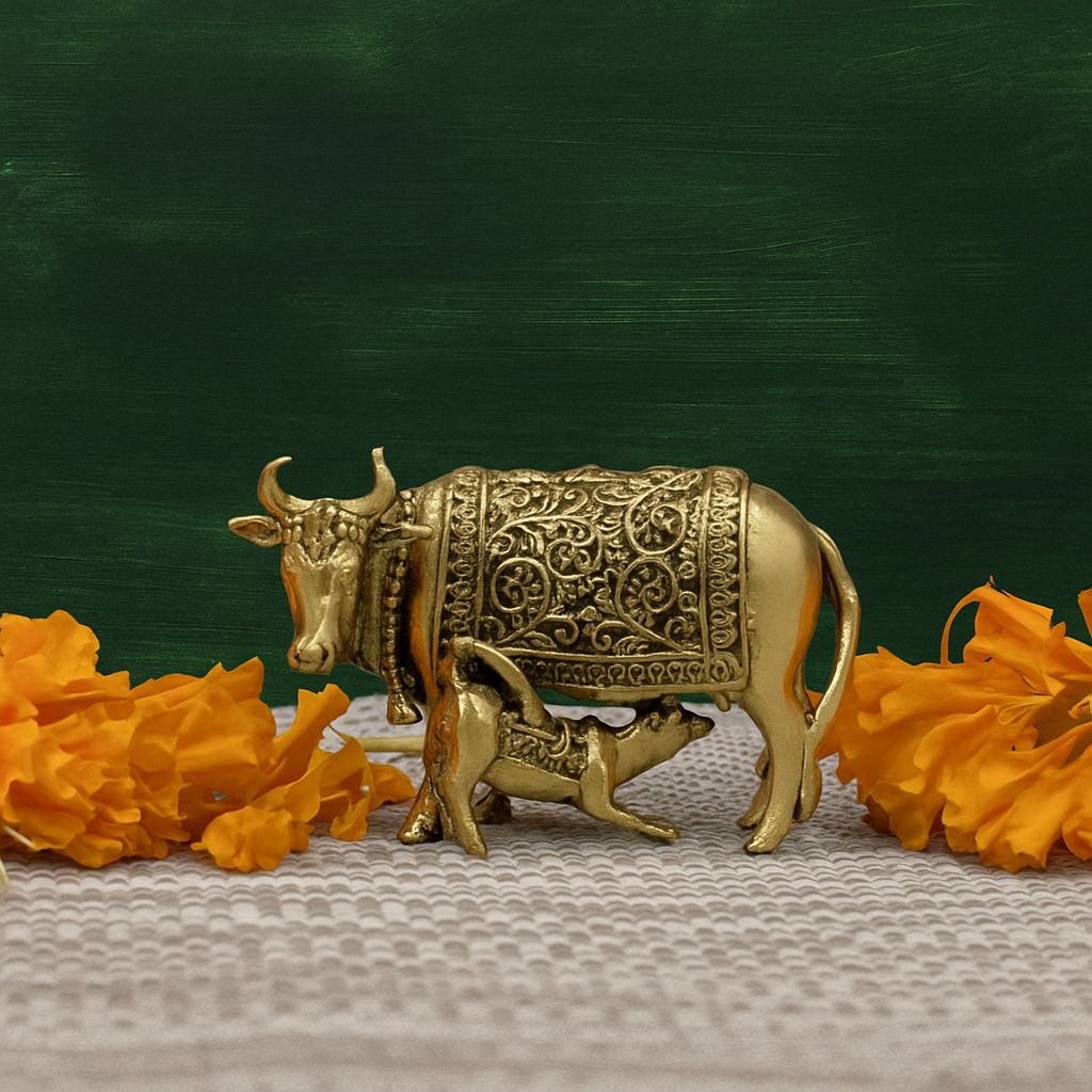 Brass Kamdhenu Cow with Calf Murti